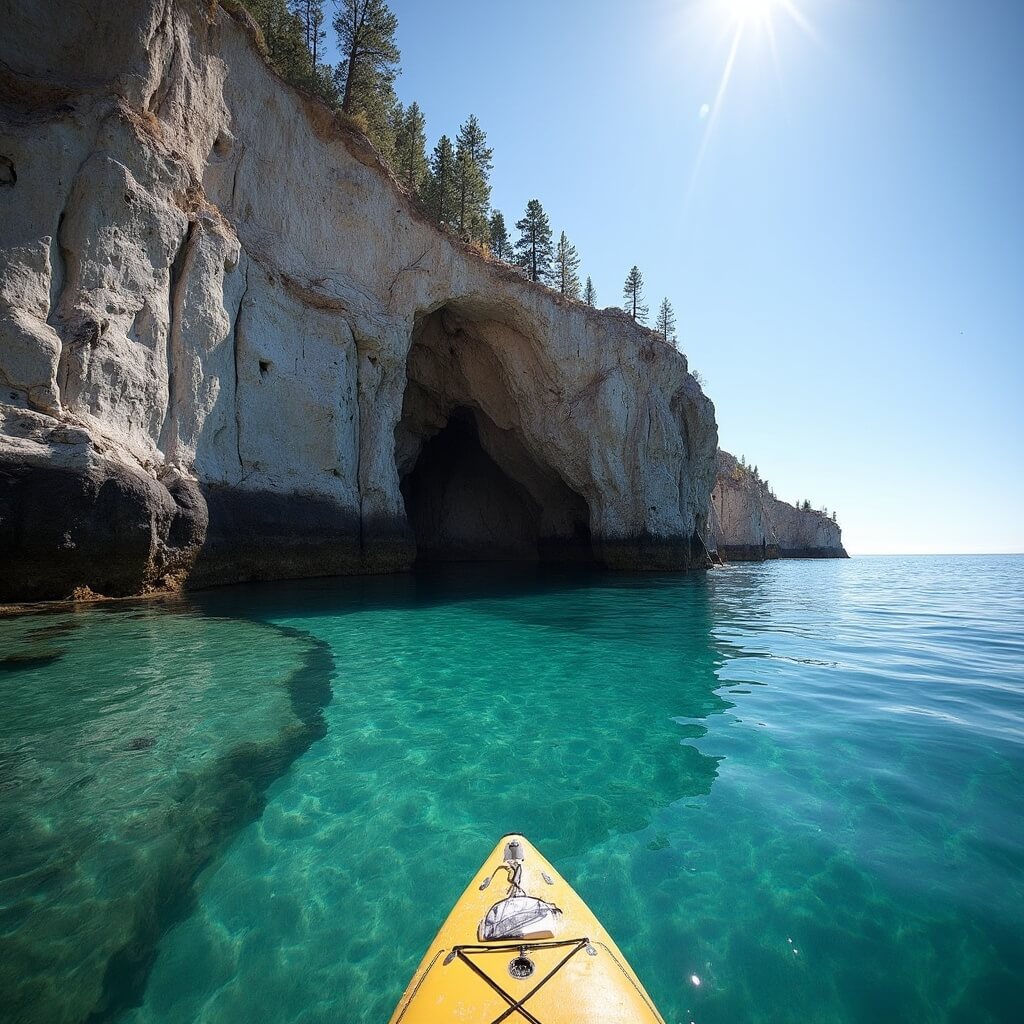 Bonsai Rock partially submerged at Sand Harbor's rocky coastline, Lake Tahoe, viewed from a low paddleboard perspective