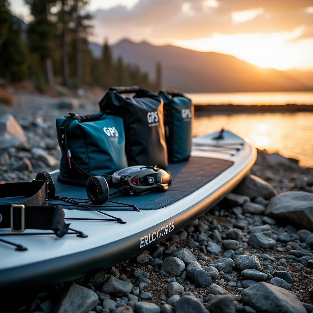 Paddleboarding equipment including GPS-enabled board, waterproof bags, and safety gear on a rocky Tahoe beach at sunset with lake and mountains in the background.
