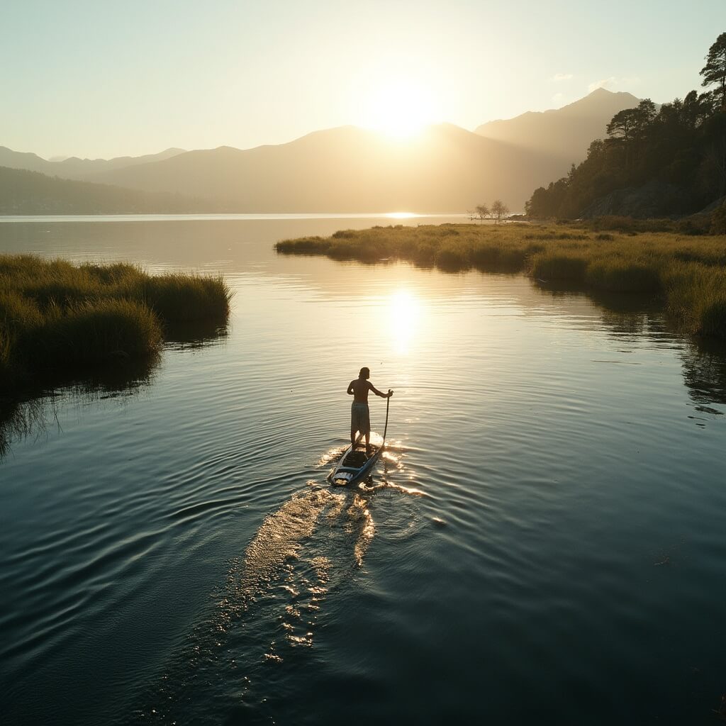 Lone paddleboarder navigating through a calm cove at Secret Beach with green marshlands and silhouette of Mount Tallac at golden hour