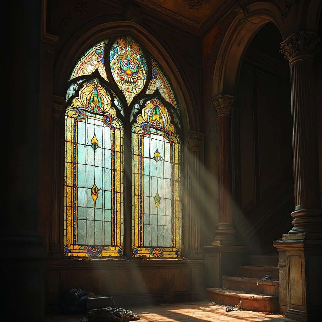Close-up of an intricate Tiffany stained glass window in an unexpected interior, showing rich jewel-toned colors and glass craftsmanship, soft diffused light streaming through, within unusual architectural space