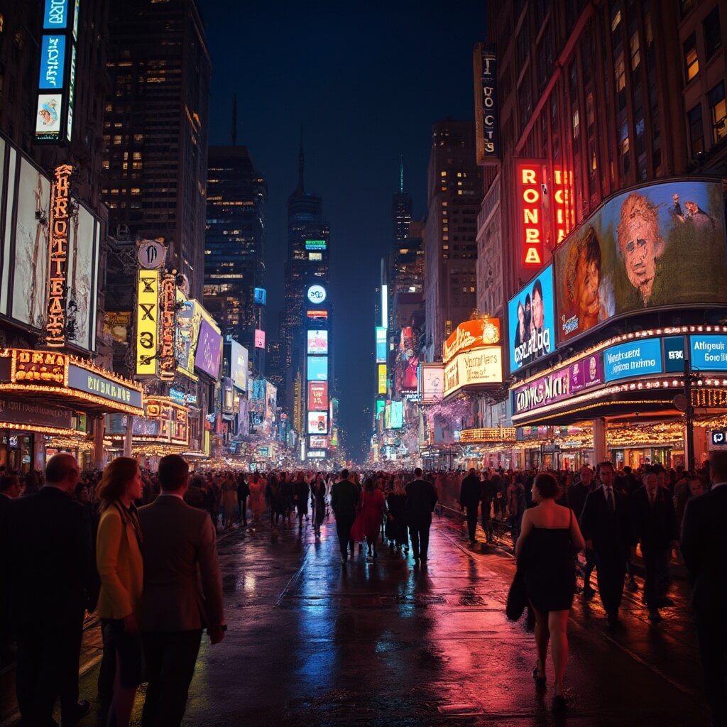 Bustling crowds in elegant attire at Times Square at night with bright Broadway theatre marquees and neon lights reflecting on wet street