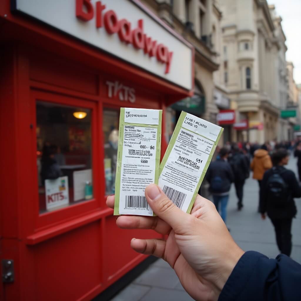 Hand holding discounted Broadway show tickets at the TKTS booth, theatre district buildings blurred in the background