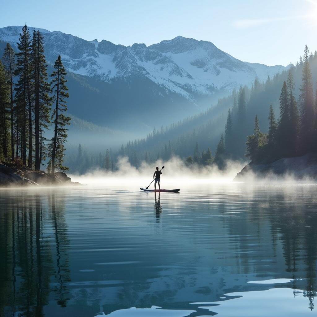 Lone paddleboarder floating on crystal clear waters of Lake Tahoe in an early morning, surrounded by pristine mountain landscape with reflected pine trees and snow-capped peaks, amidst a natural morning mist