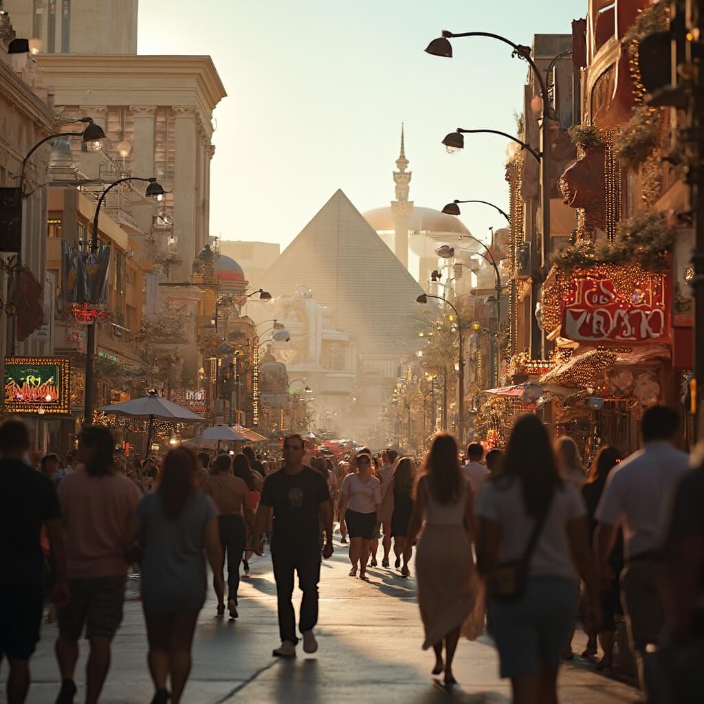 Diverse crowd on Las Vegas Strip walkway during golden hour with Luxor pyramid and New York-New York skyline visible