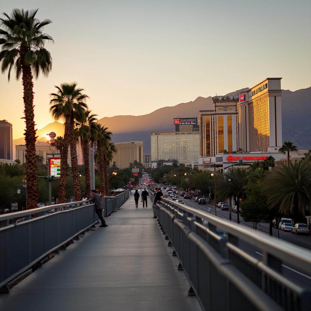 Early morning sunrise over Las Vegas Strip with iconic hotels in warm light, mountains in the background, and minimal pedestrian traffic