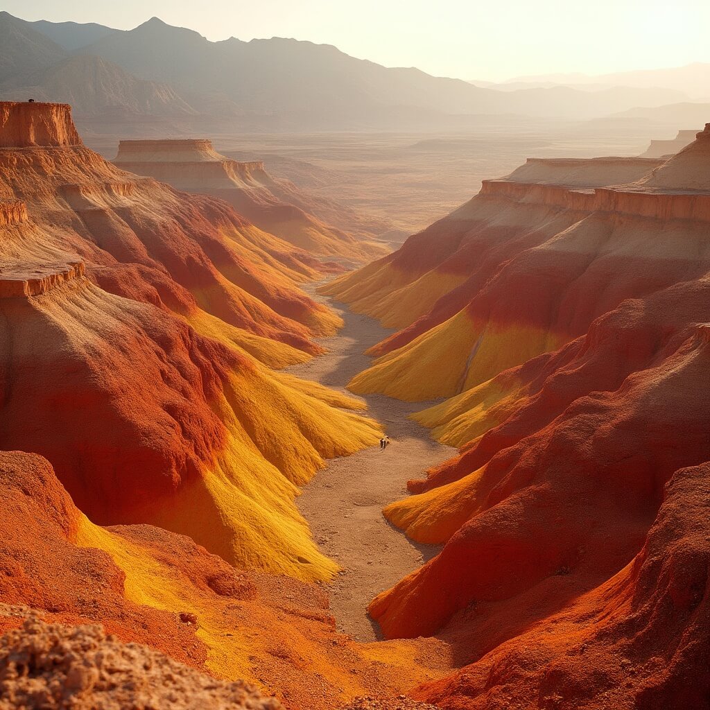Stratified hills in deep red, yellow, and tan under soft morning light with no human presence