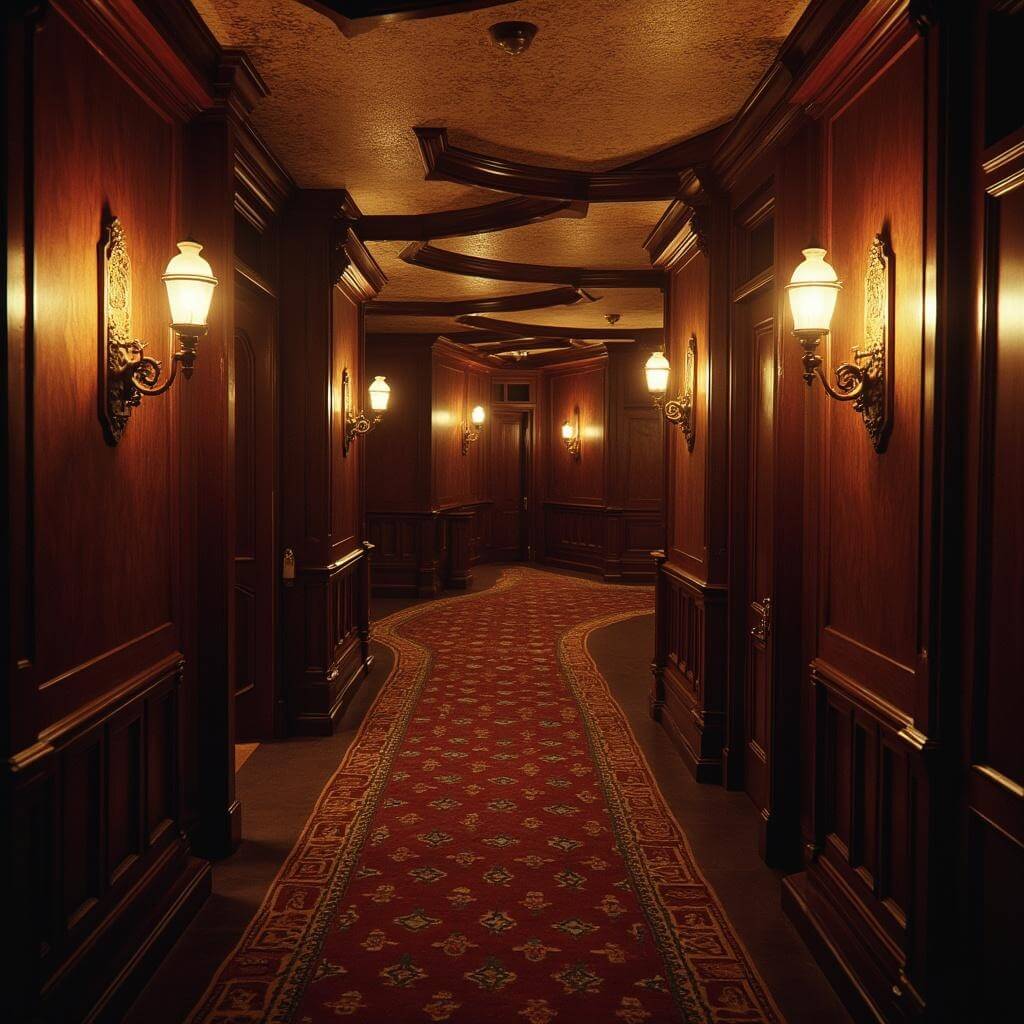 Dimly lit luxurious Victorian-era basement corridor with wooden paneling, gas lamps, brass fixtures, and ornate wallpaper