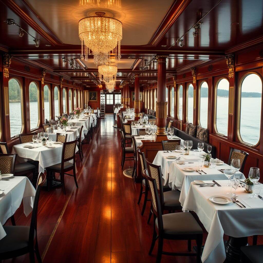 19th-century steamboat grand dining salon with polished wooden floors, crystal chandeliers, elegant white linen table settings, large windows with river views, and period-appropriate furnishings with brass accents
