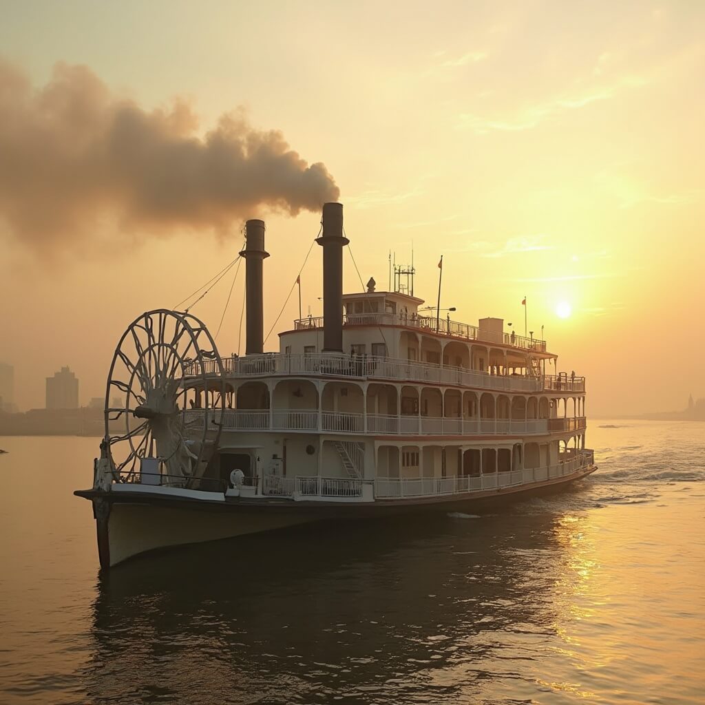 Vintage steamboat on Mississippi River at sunset with New Orleans' French Quarter skyline in the background
