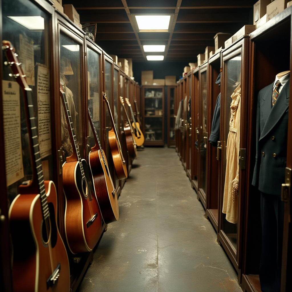 Vintage guitars, handwritten lyrics, and iconic stage costumes preserved in a climate-controlled archive room with soft lighting and dark wooden storage cases