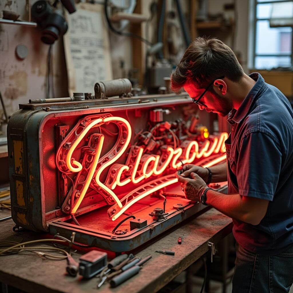Restoration expert meticulously repairing a 1950s vintage neon sign in a well-lit workshop filled with specialized tools, spare parts, and technical diagrams