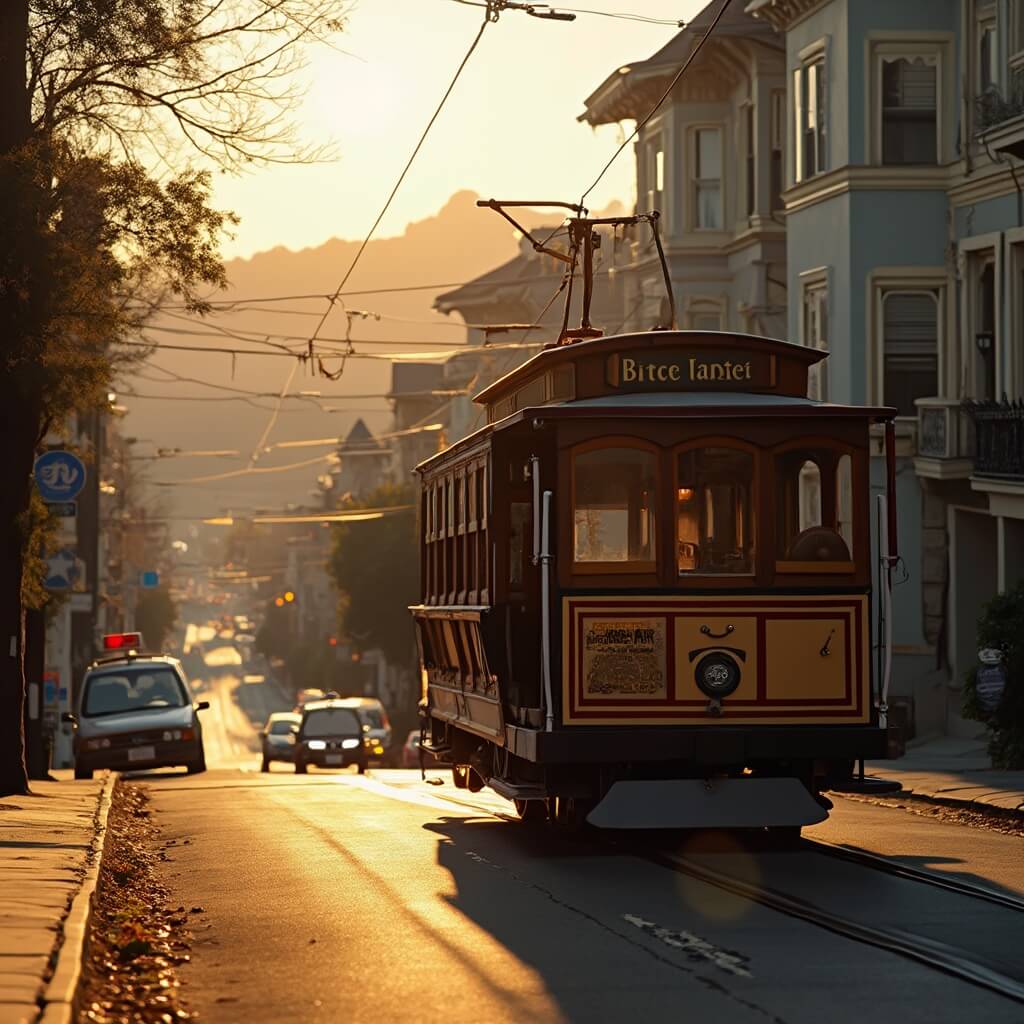 Vintage wooden cable car ascending a steep San Francisco street at dawn, surrounded by Victorian houses and hillside, bathed in golden morning light; brass pole seen inside the car