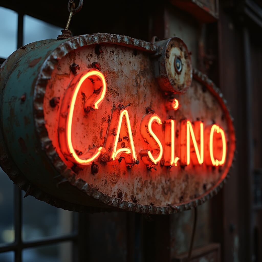 Close-up of a weathered vintage neon sign from a historic Las Vegas casino, highlighting intricate design and structural details with soft backlighting