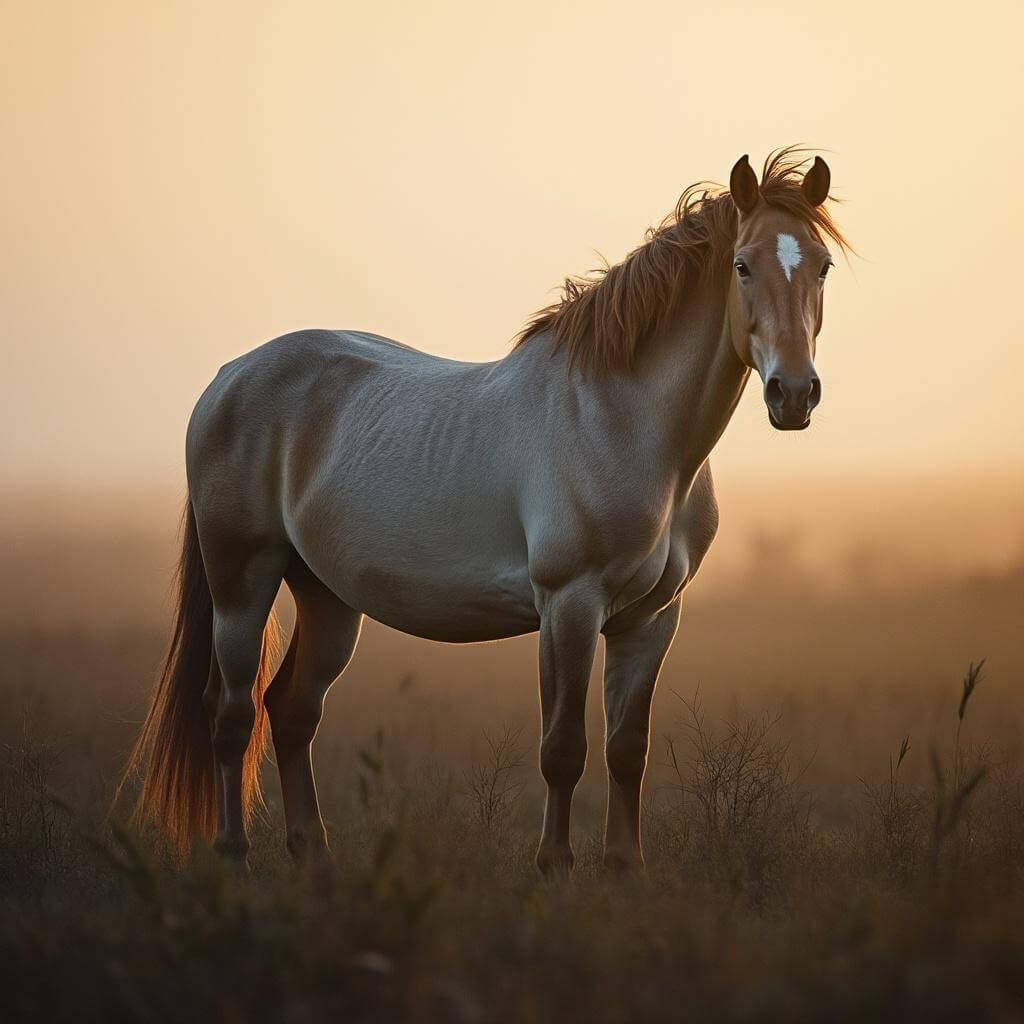 Wild Assateague horse in marsh grass during golden hour with fog in distance, highlighting its muscular robust body in harsh coastal environment