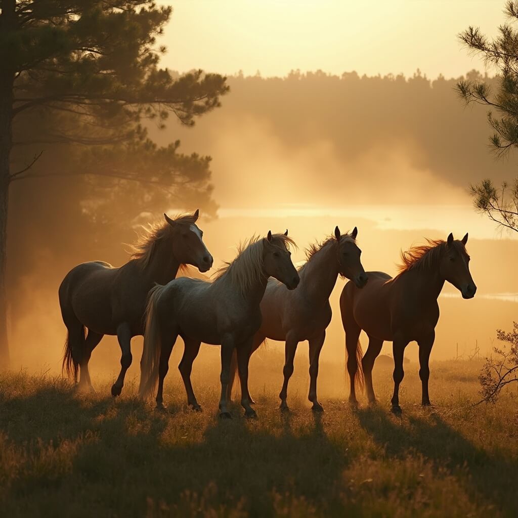Feral horses in golden morning light emerging from a misty pine forest with marshlands in the background, displaying their wild nature through wind-whipped manes and muscular silhouettes