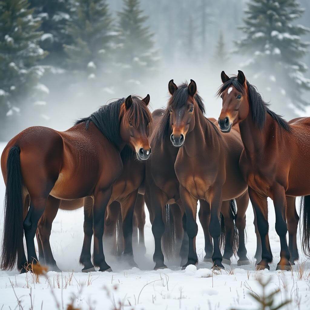 Wild horses in winter showing survival adaptations, huddled together among snow-dusted pines, steam rising from their thick coats
