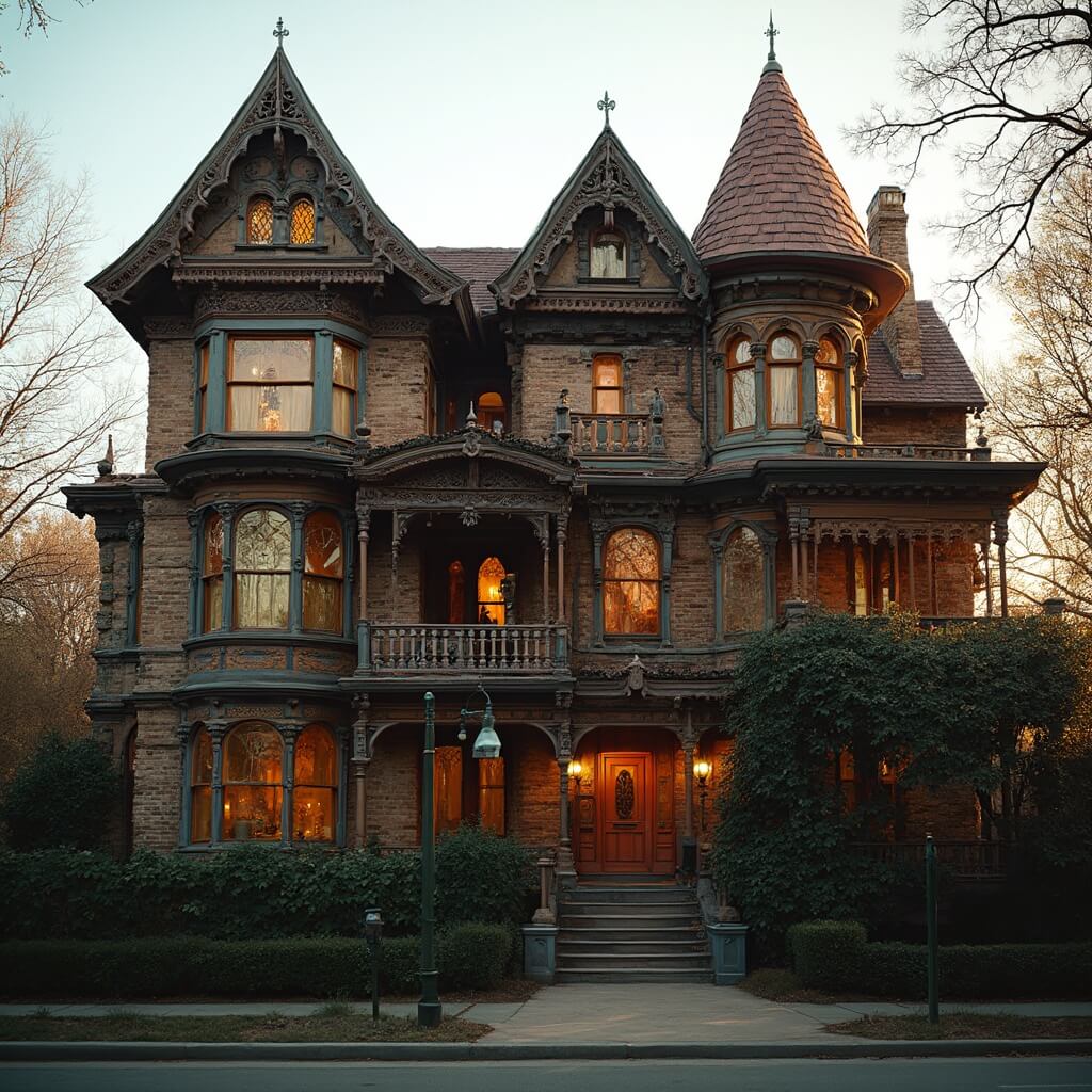 Architectural exterior view of Winchester Mystery House displaying its complex Victorian design during golden hour with warm lighting highlighting the intricate details, devoid of people.