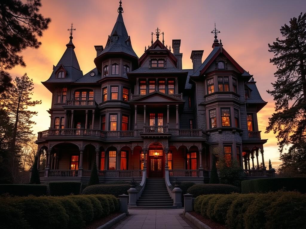"Dramatic sunset view of the Winchester Mystery House featuring its distinctive Queen Anne Victorian style, ornate turrets, intricate spires, asymmetrical windows, mysterious staircases, and an eerie door opening to empty space, contrasted by golden lit and dark shadowy windows, set within lush Victorian gardens."