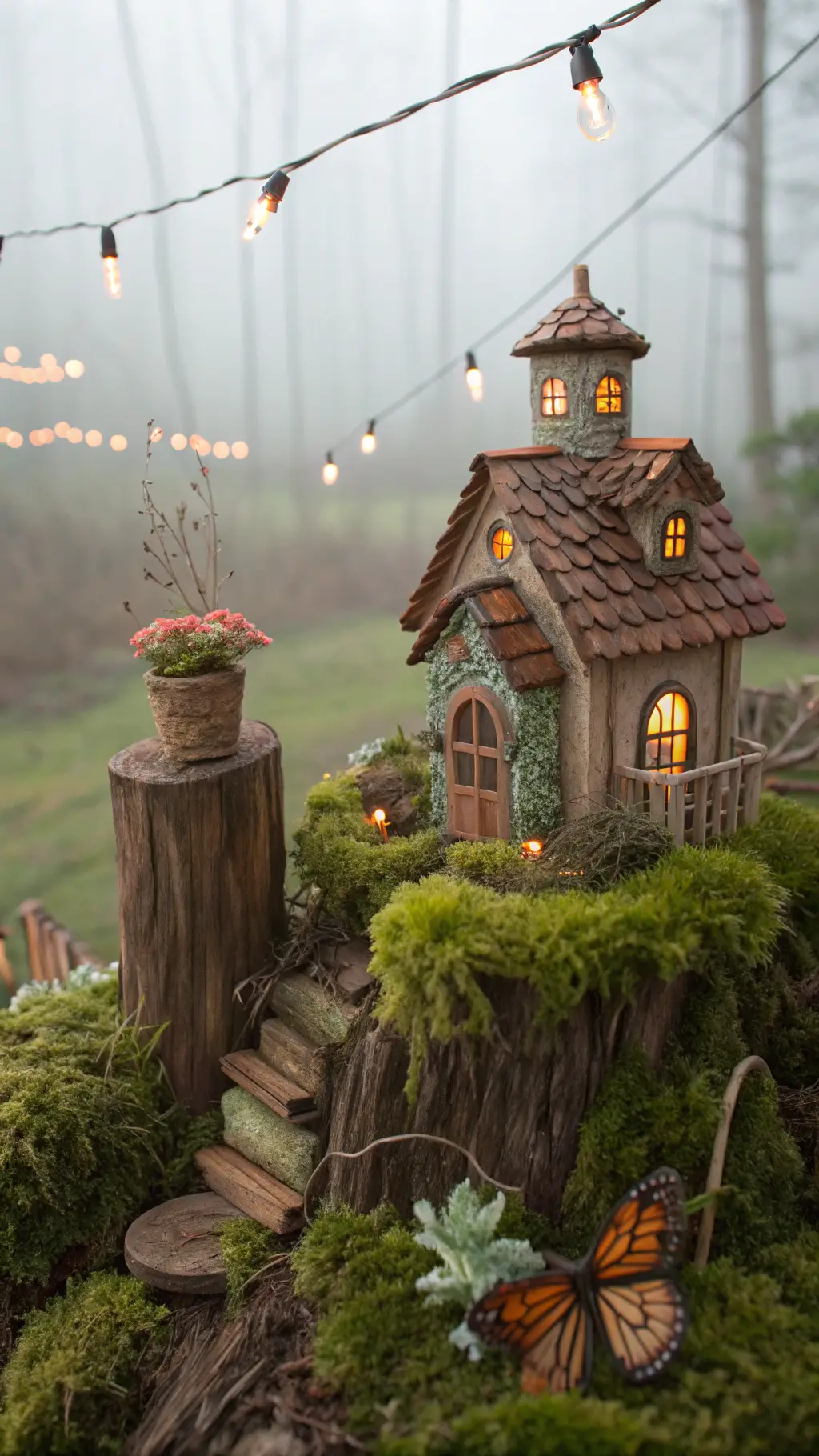 Beautiful sunrise over a 15x18ft fairy garden sanctuary, featuring a handmade miniature village on mossy stumps, tiny solar-powered lanterns, hovering butterfly sculptures, and atmospheric morning mist, captured with selective focus using a 35mm tilt-shift lens. The color palette includes sage green, weathered wood, burnished bronze, and morning pink.