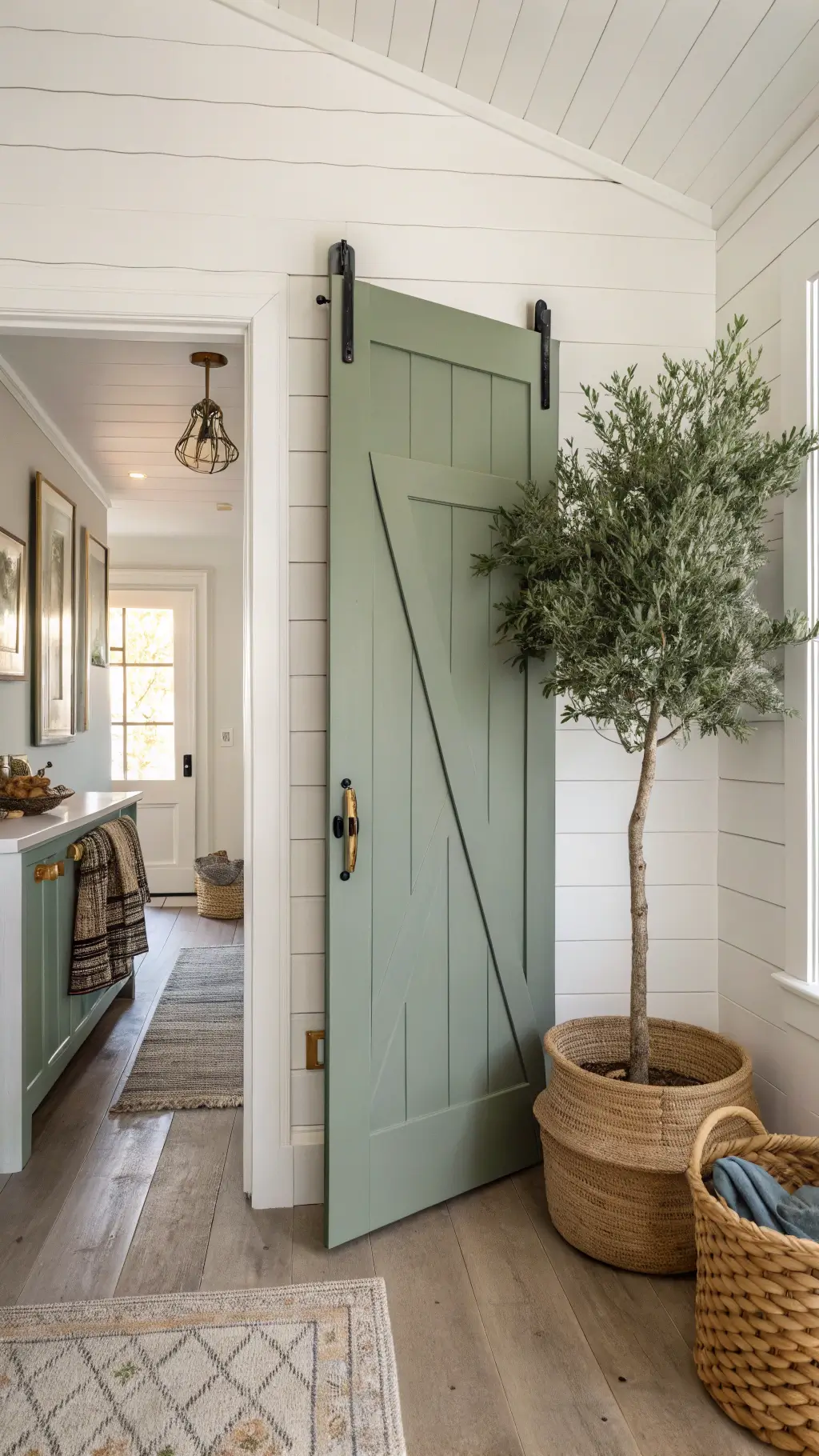 Partially open sage green pocket door leading to a modern farmhouse kitchen, adorned with a brass handle, set against white shiplap walls. The golden hour light illuminates through the window, highlighting an olive tree in a terracotta pot and a hand-woven basket with blankets. Whitewashed brick floor in a herringbone pattern completes the welcoming and organic scene.