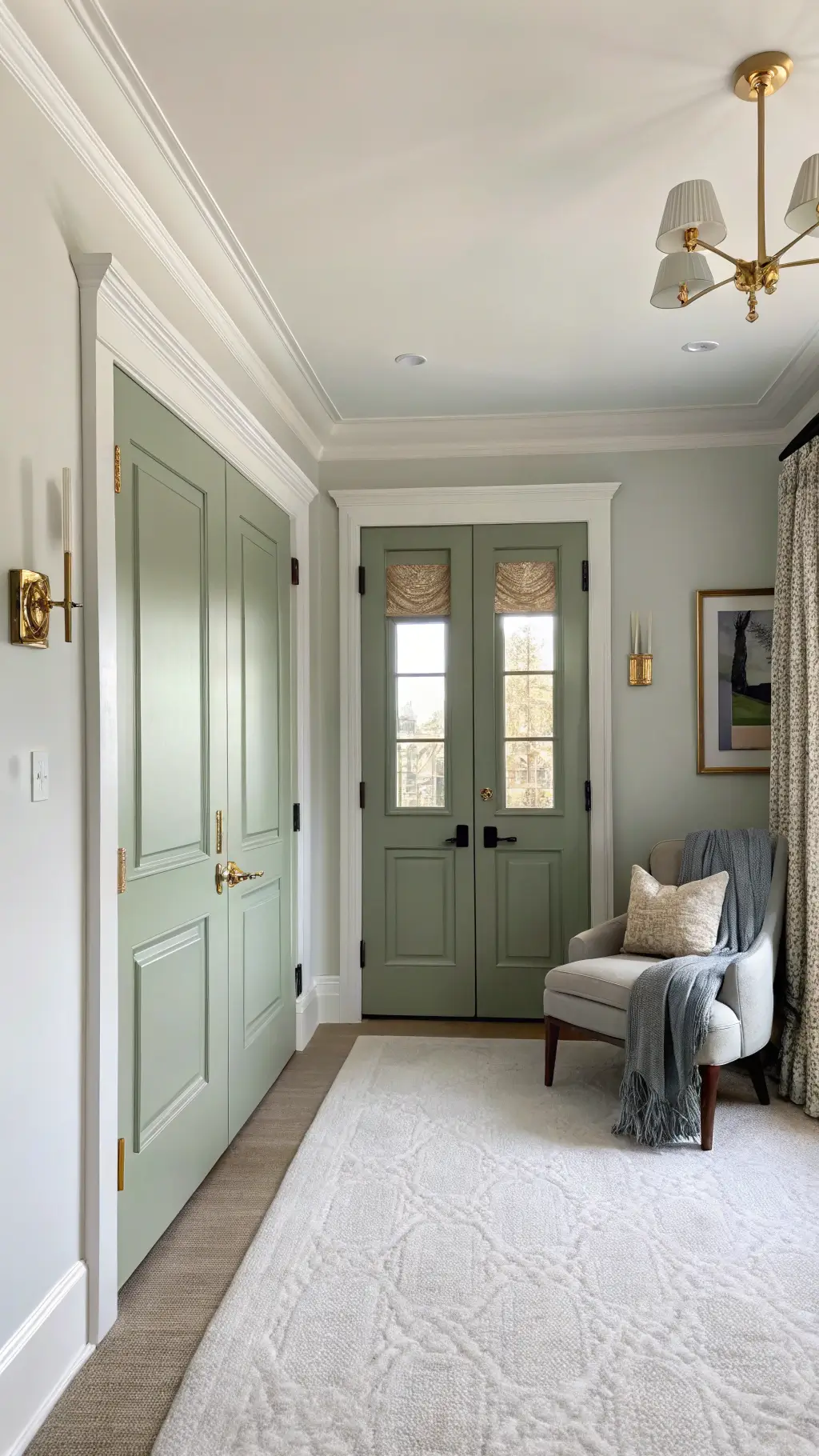 Luxe and calm primary bedroom suite with sage green double doors, ivory wool carpet, light gray walls adorned with a black and white gallery, and a ghost chair with a cashmere throw bathed in warm morning light