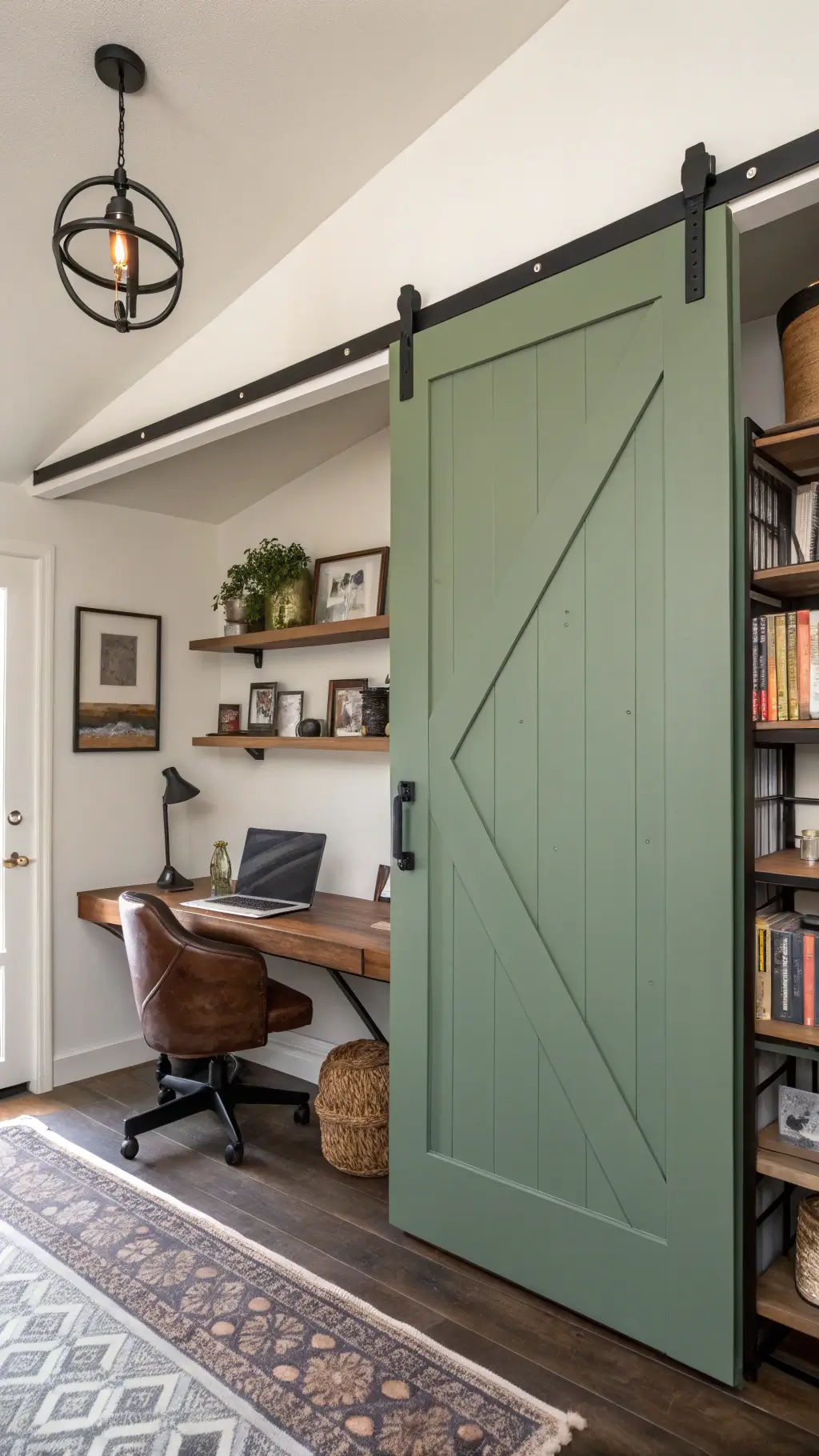 Sophisticated home office nook showcasing a bold sage green barn door sliding on a black metal track, situated in an 8x8ft corner space with white walls, complemented by mixed metal accents, copper pendant light, and black hardware. The walnut desk, jute rug, and leather office chair enhance the workspace that also features built-in floating shelves adorned with leather-bound books and pottery. The room is bathed in dramatic side lighting with soft fill, causing geometric shadows in the afternoon light.