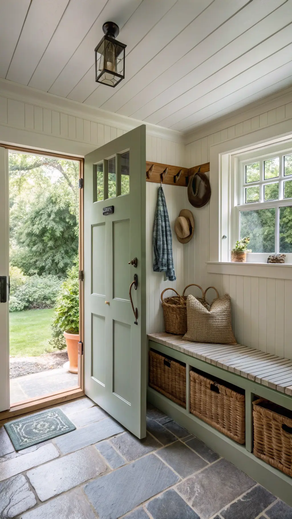 Casual elegance in a 6ft x10ft cottage-style mudroom, featuring a top half open Saybrook Sage Dutch door revealing garden view. Creamy beadboard walls, slate floor tiles, built-in bench with striped cushions and woven baskets additionally adorned vintage hooks with straw hats and market bags. Brass hardware patinated naturally and room illuminated with garden light and pendant lamp.