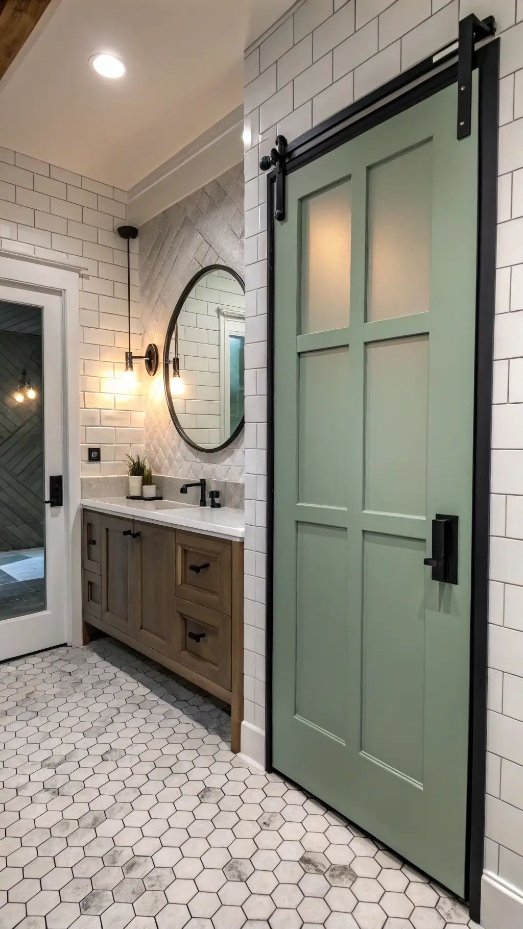 Partial view of a modern bathroom entrance with 8ft sage green pocket door, frosted glass upper panel, white subway tile walls and marble hexagon floor tiles, complemented by matte black hardware and a floating bleached oak vanity under an oversized round mirror reflecting the door and modern sconce lighting casting dramatic shadows.