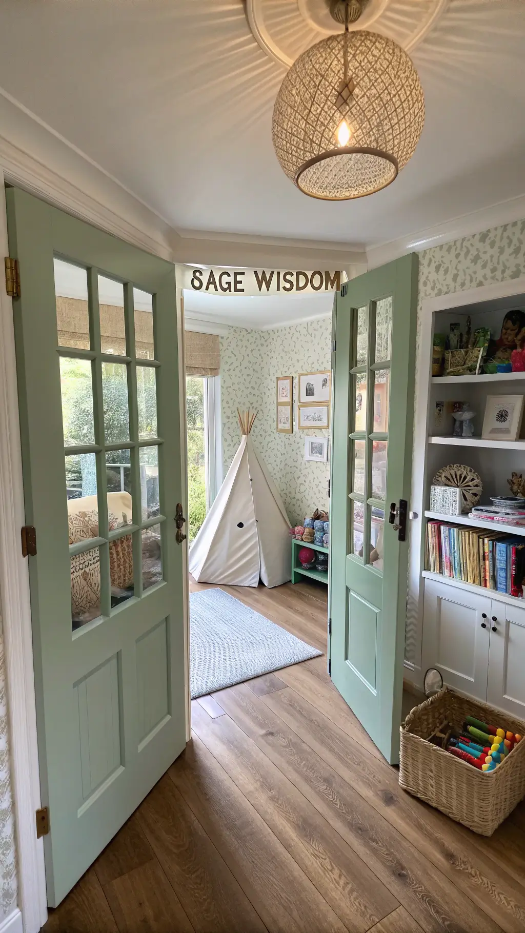 Open sage green French doors revealing a bright, playful yet sophisticated children's playroom, featuring natural fiber wallpaper, engineered oak floors, a rainbow book display, and a cotton canvas tepee. The room bathed in soft morning light.