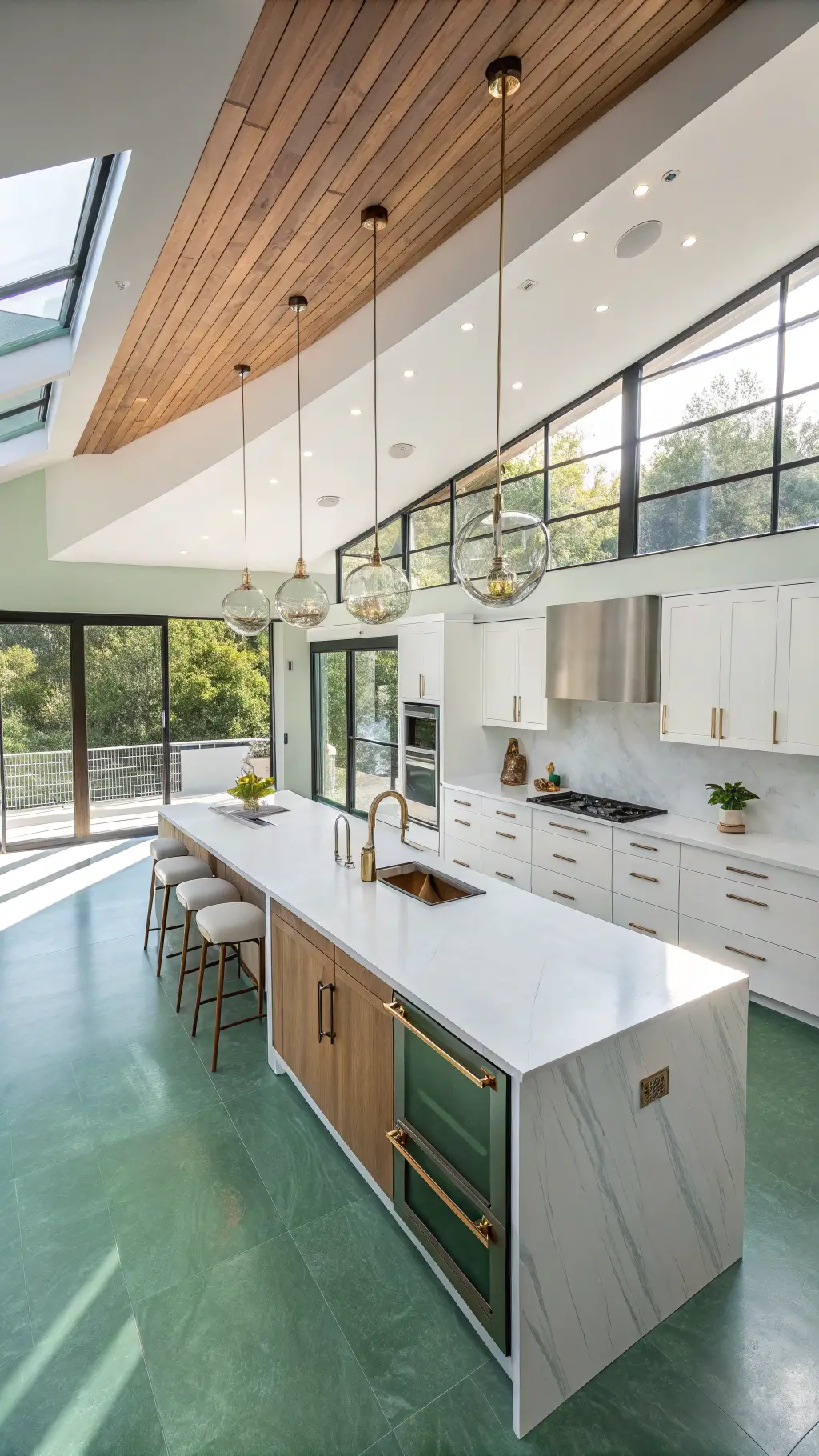 Overhead view of a modern, open-concept kitchen with sage green cabinetry, white quartz countertops, brushed gold fixtures, and a waterfall island in mid-afternoon light.
