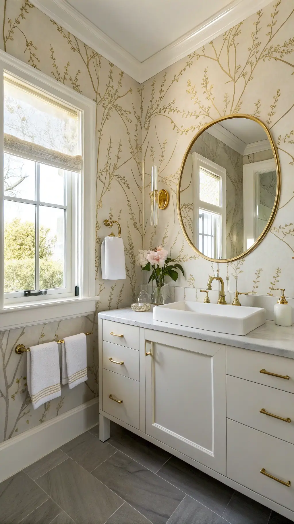 Powder room with 10' ceilings, botanical wallpaper, floating vanity, backlit mirror, herringbone marble floor, brass accessories, orchid stem and white hand towels, in warm afternoon light.