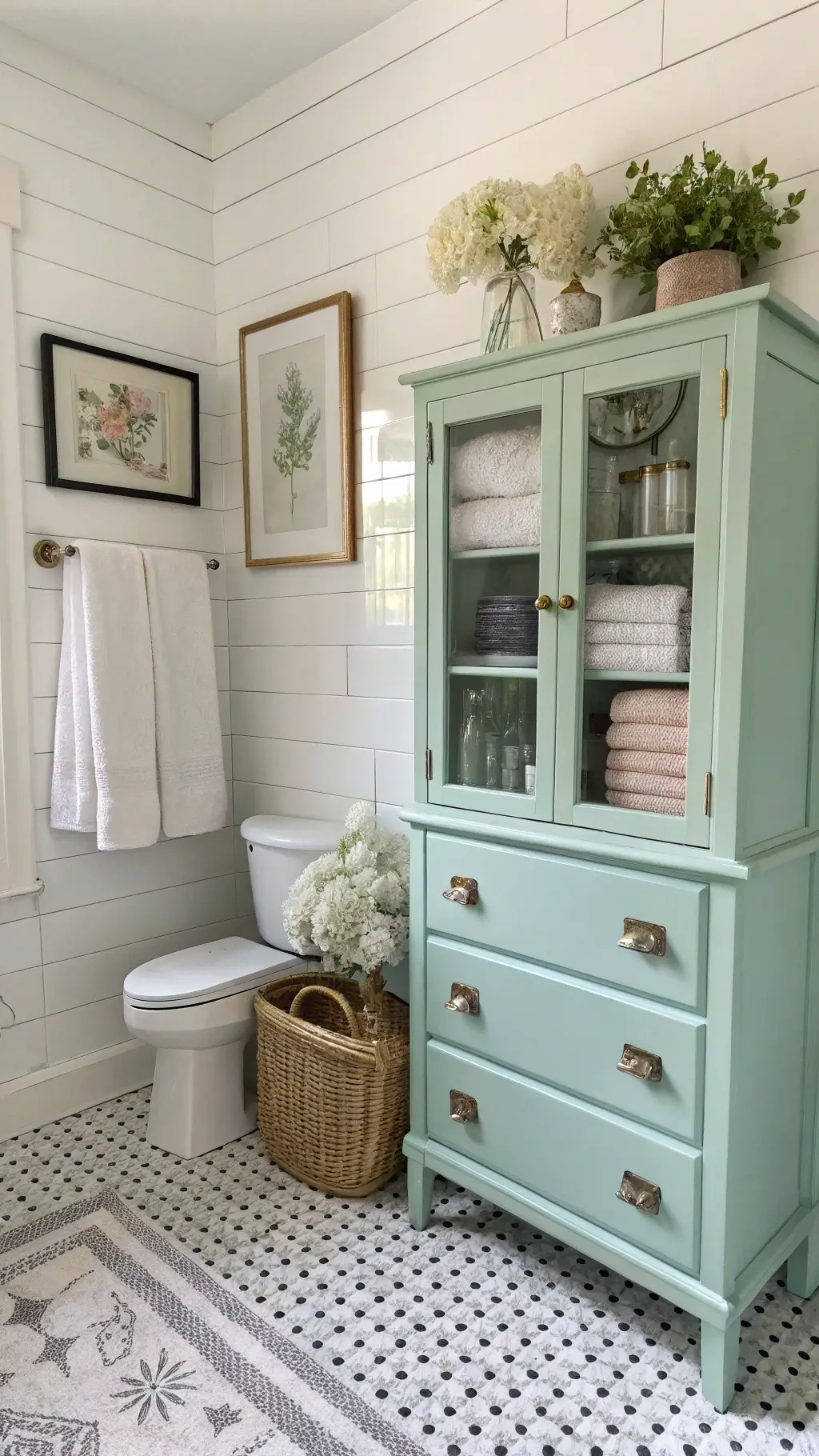 Vintage-inspired bathroom bathed in afternoon light with 1940s mint green storage cabinet, black and white checkered floor, brass towel bars with Turkish towels, mercury glass vases with hydrangeas, bamboo roman shade, and vintage advertisement prints.