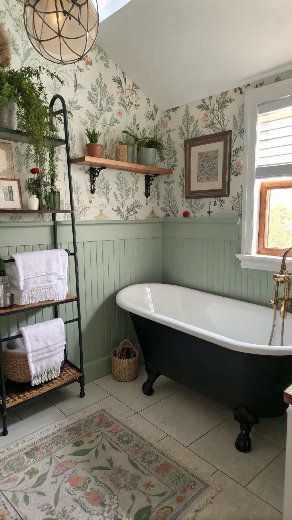 Vintage-modern bathroom at sunrise with sage green beadboard, floral wallpaper, black clawfoot tub with brass feet, white ceramic tile backsplash, oak ladder shelf with linens and copper accessories, and a macramé plant hanger with ivy, illuminated by dramatic morning light through venetian blinds.
