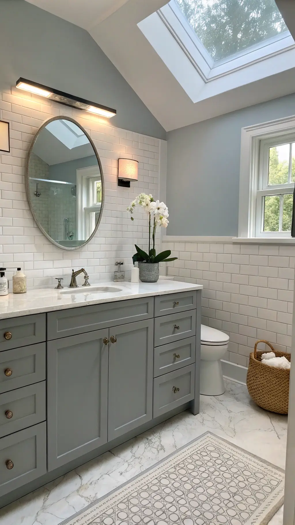 Bright, contemporary 7x7ft bathroom painted in soft blue-gray with white subway tile wainscoting, modern floating vanity, circular mirror with integrated lighting, and marble mosaic floor, styled with a white orchid and silver accessories, and illuminated by natural skylight and LED lights.