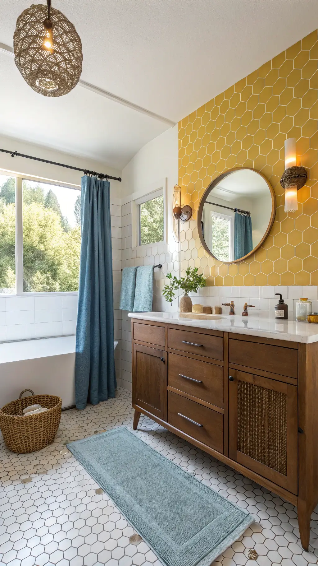 Mid-century modern bathroom with citrus yellow hexagonal tile wainscot, white walls, walnut vanity, brass-framed mirror, blue geometric shower curtain, and warmth-adding teak bath mat, bathed in afternoon sunlight