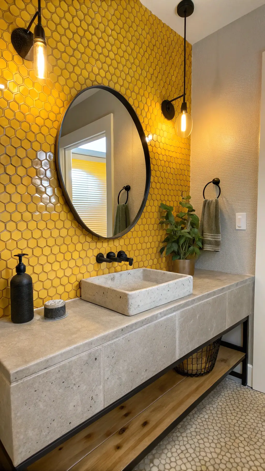 Modern powder room with sunshine yellow penny tiles, floating concrete vanity, oversized mirror, matte black fixtures, and emerald green air plant on a terrazzo floor during golden hour