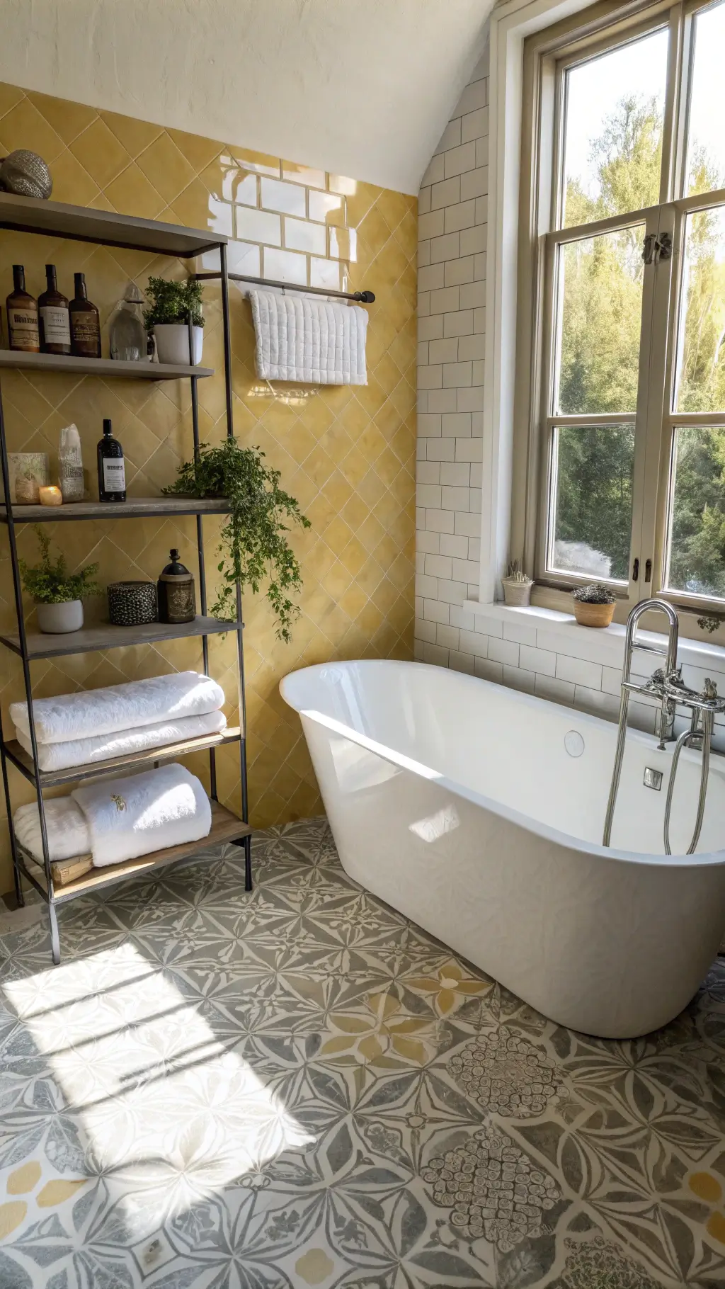 Bird's eye view of a light-filled bathroom with yellow artisanal tiles, white freestanding soaking tub under a window, marble floor, vintage brass tub filler, floating shelves with apothecary bottles, and slate grey Turkish cotton towels.