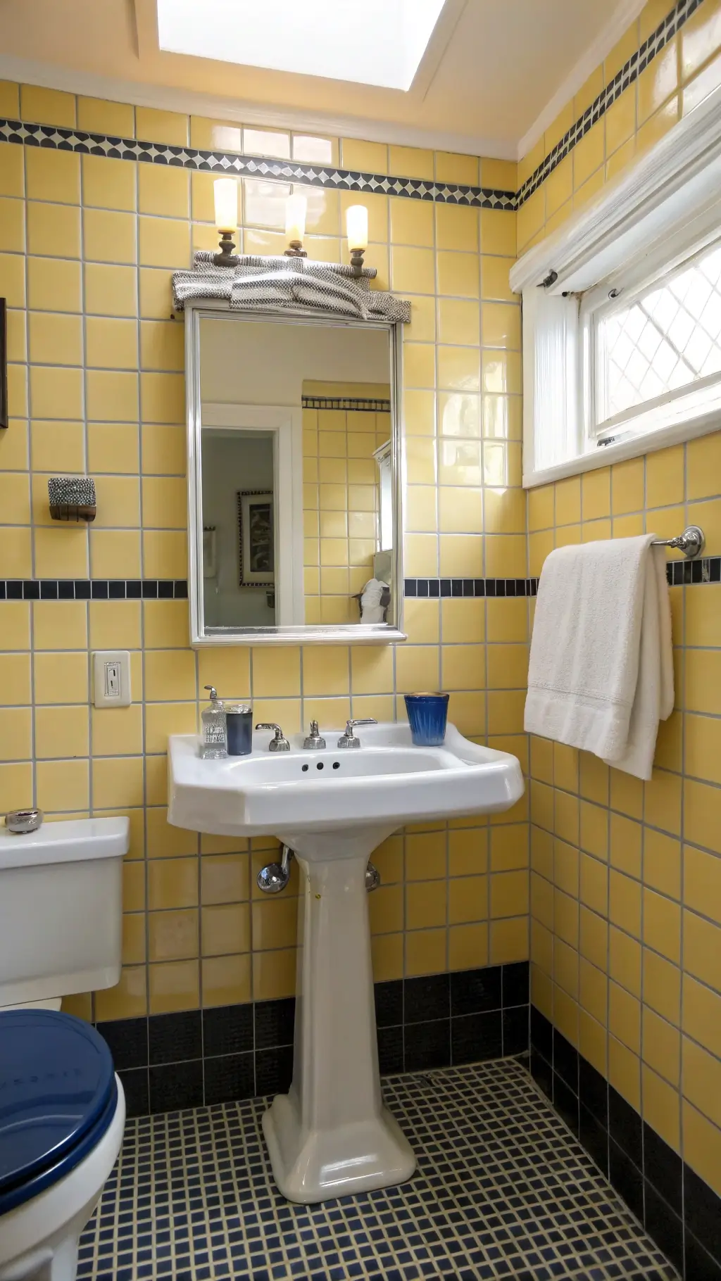 Retro-inspired bathroom with canary yellow tiles, a white pedestal sink, navy blue ceramic accessories, and a penny tile floor