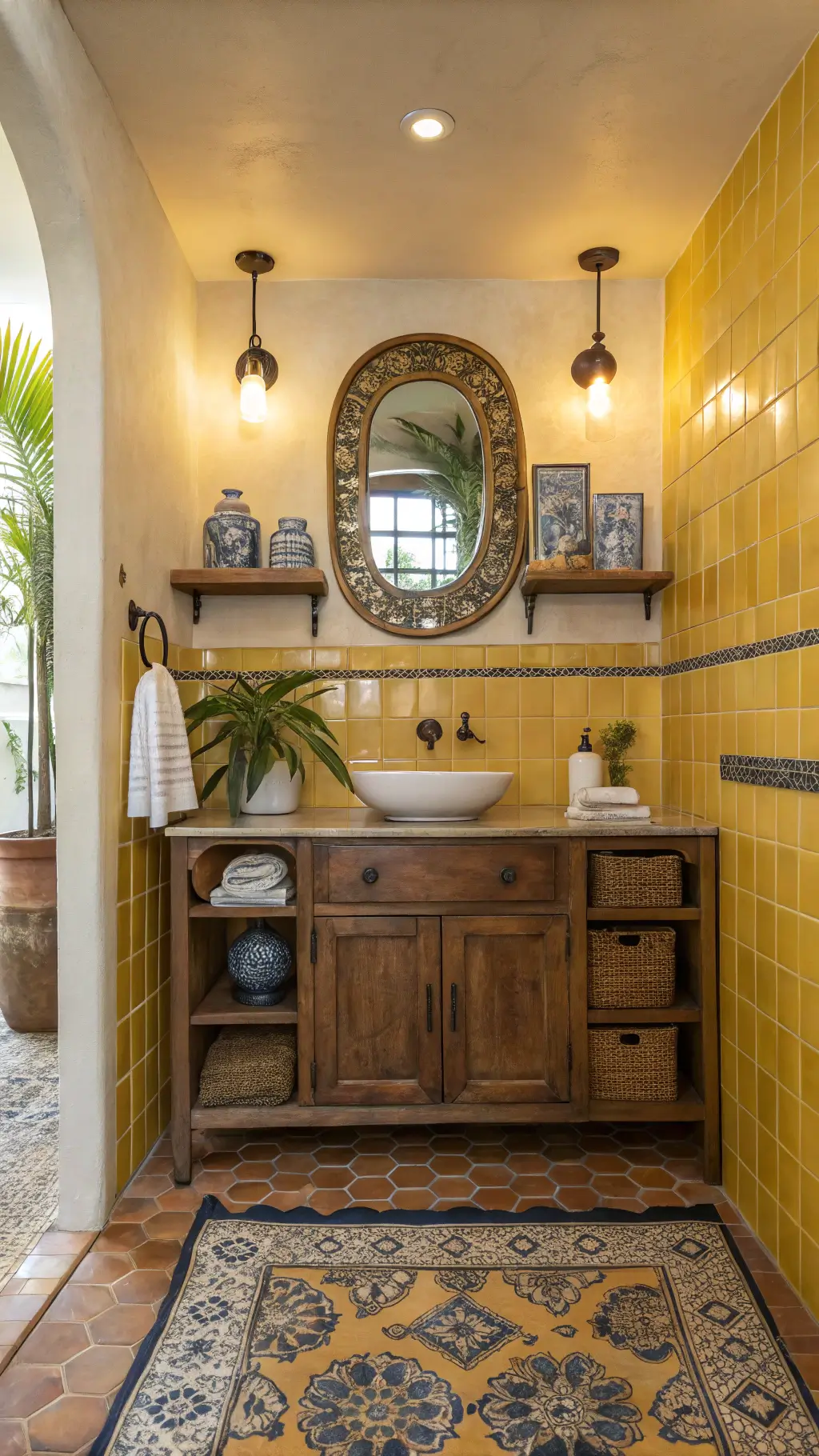 Eclectic bathroom with yellow zellige tiles, brass vanity mirror, vintage wood vanity, blue and white pottery on shelves, handwoven rug, and a potted monstera