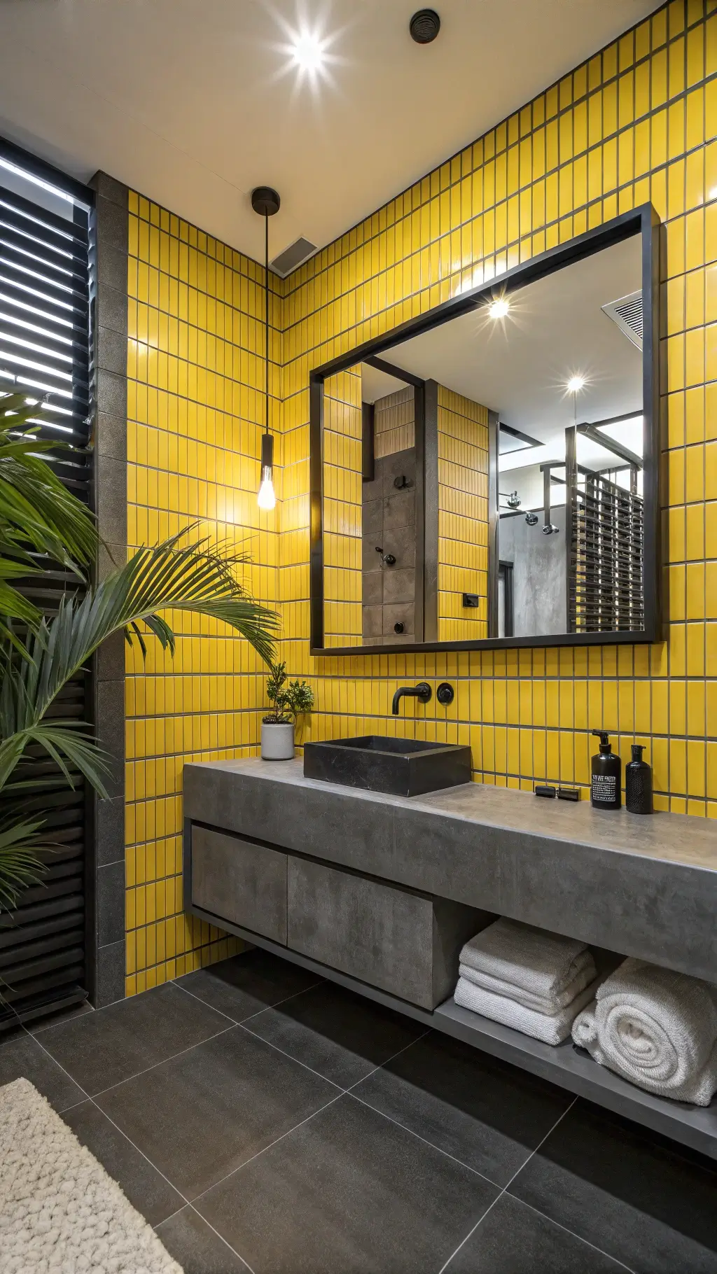 Urban bathroom with citron yellow tiles, blackened steel frame mirror, concrete floating vanity, matte black fixtures, LED lighting, and large charcoal floor tiles, accentuated by a single black palm leaf
