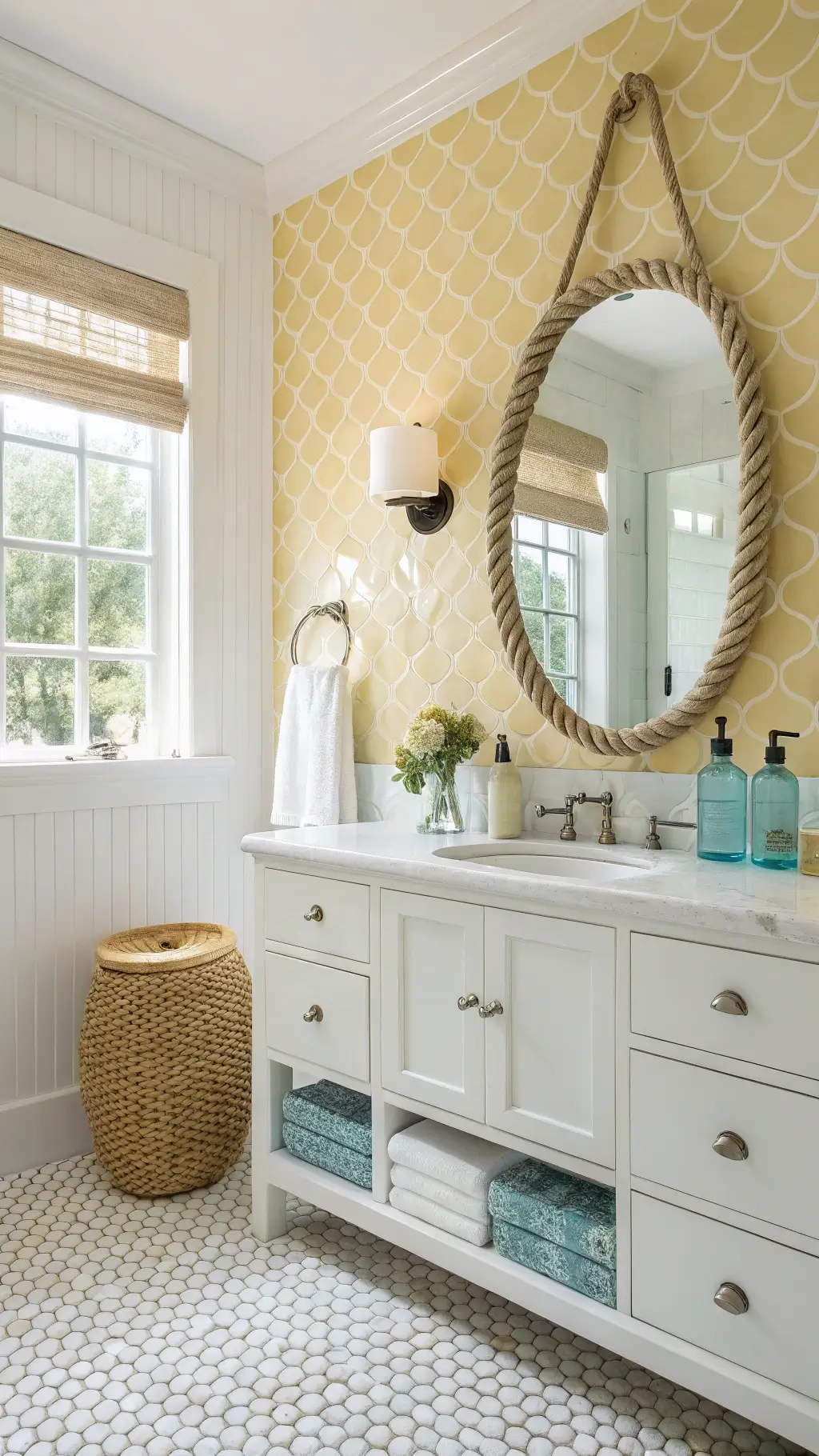 Bright and airy coastal-inspired bathroom with yellow fish scale tiles, rope-wrapped mirror, white shaker vanity with marble top, basketweave floor tiles, and blue glass bottles on floating shelf