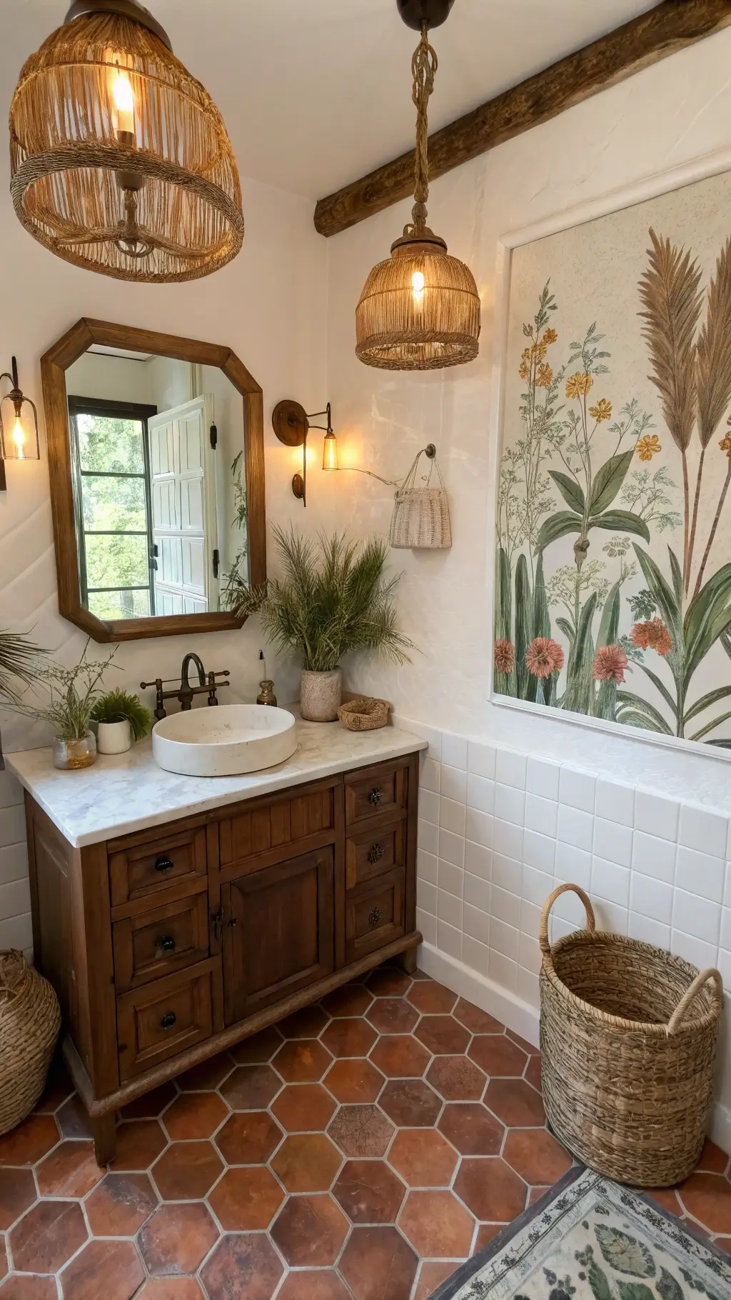Bohemian-style bathroom with botanical mural, wooden vanity, terracotta floor tiles, and copper fixtures, accentuated with artistic lighting, macramé plant hanger, and earthenware vessels.