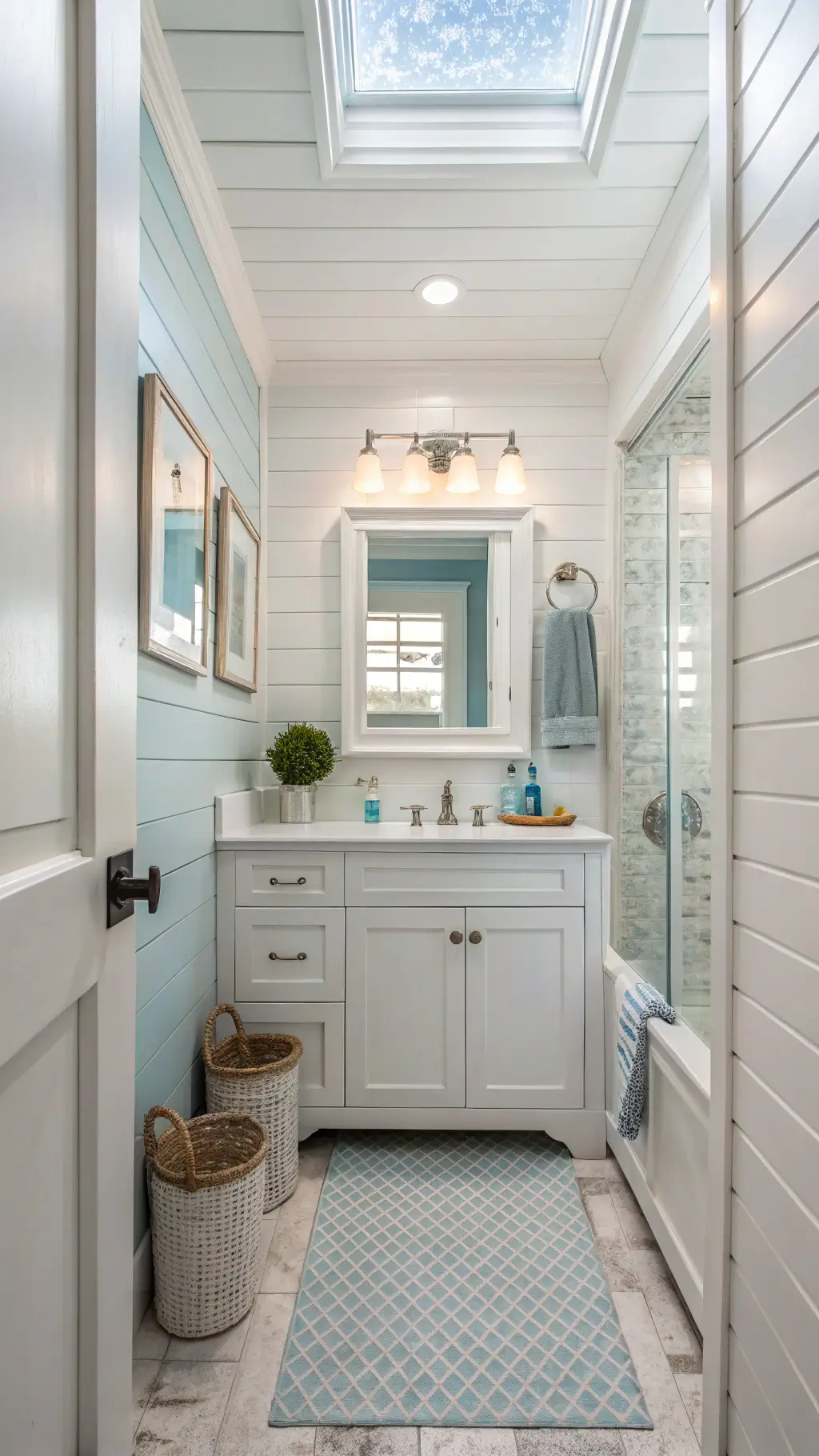 Bright, windowless coastal bathroom featuring white shiplap walls, pale blue accent wall, weathered white vanity with blue glass knobs, and white penny tile floor with grey grout, styled with nautical-inspired chrome fixtures, glass vessels, white coral, and blue-tinted mason jars, lit by daylight-simulating LED panel ceiling light.