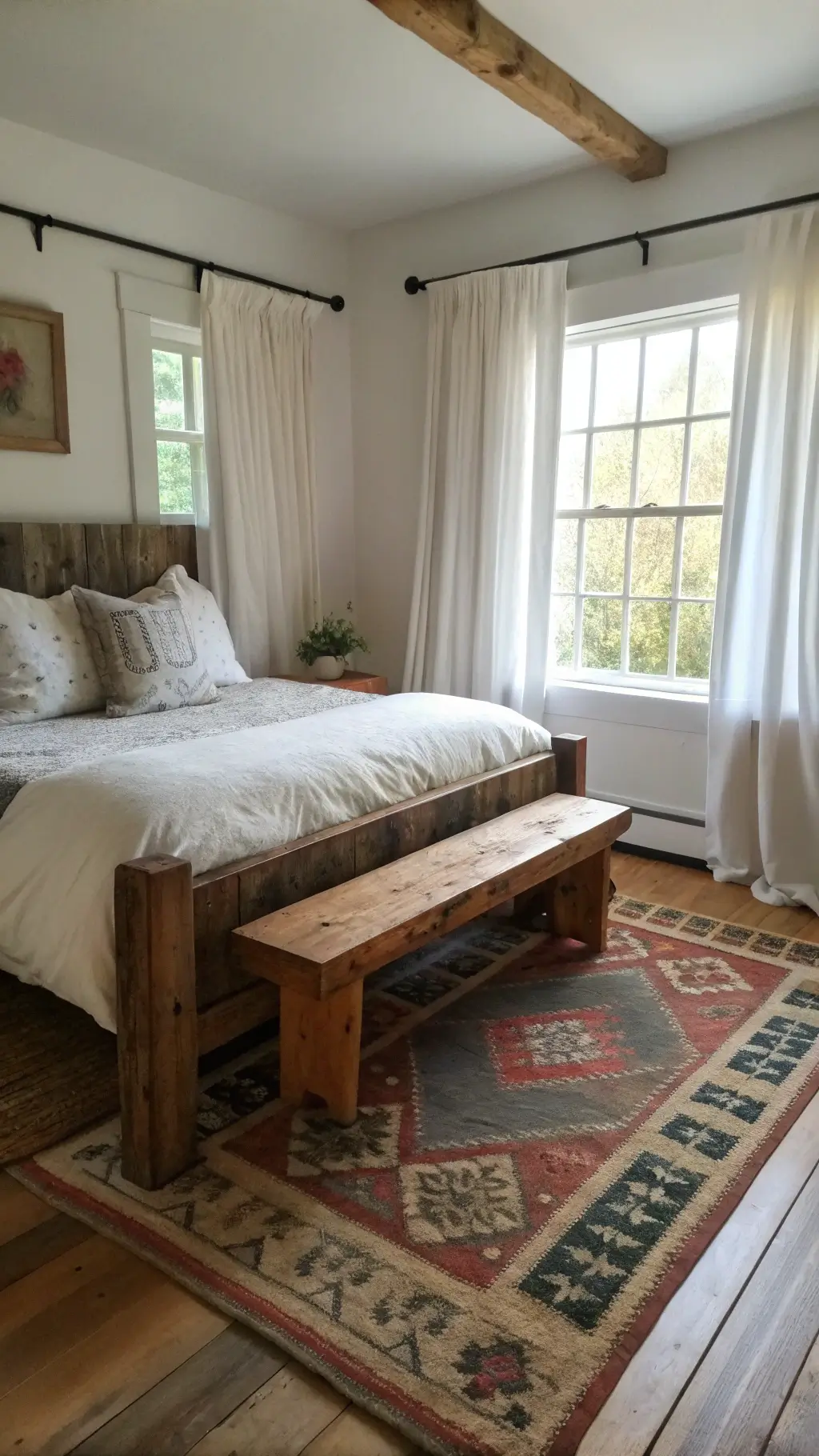 Cozy bedroom sitting area with reclaimed barn beam bench, linen cushion, and vintage rug under soft, diffused light.