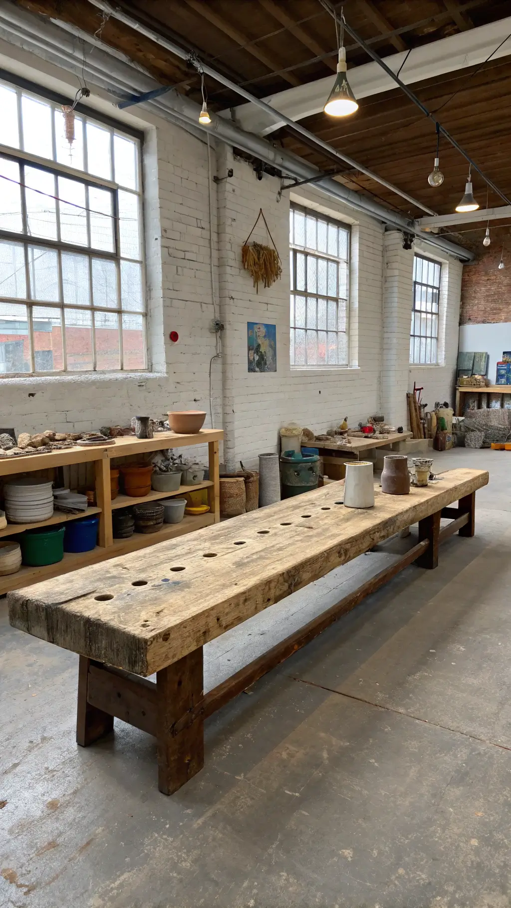 Artist's loft-style studio with communal Wabi Sabi bench under factory windows, featuring art supplies and clay vessels against a whitewashed brick wall.