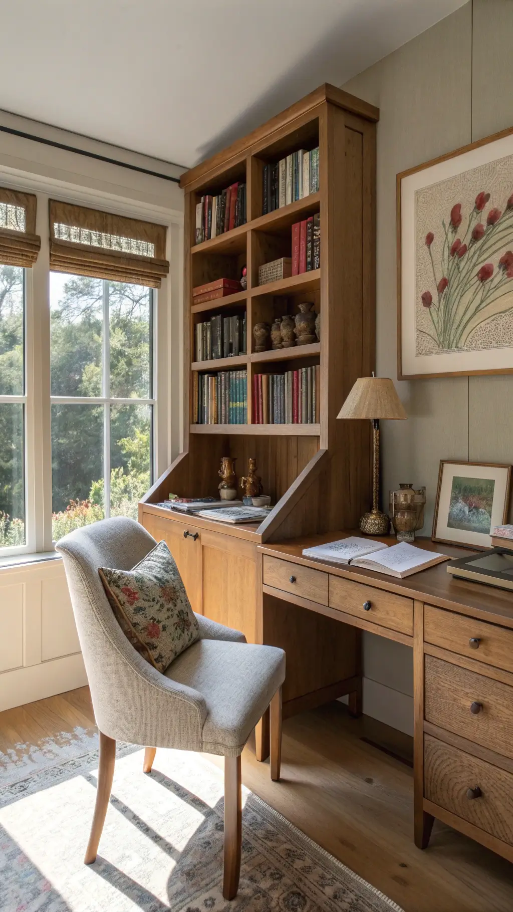 Serene study space bathed in afternoon light, with crafted vintage furniture and artistic features highlighted by natural side lighting.