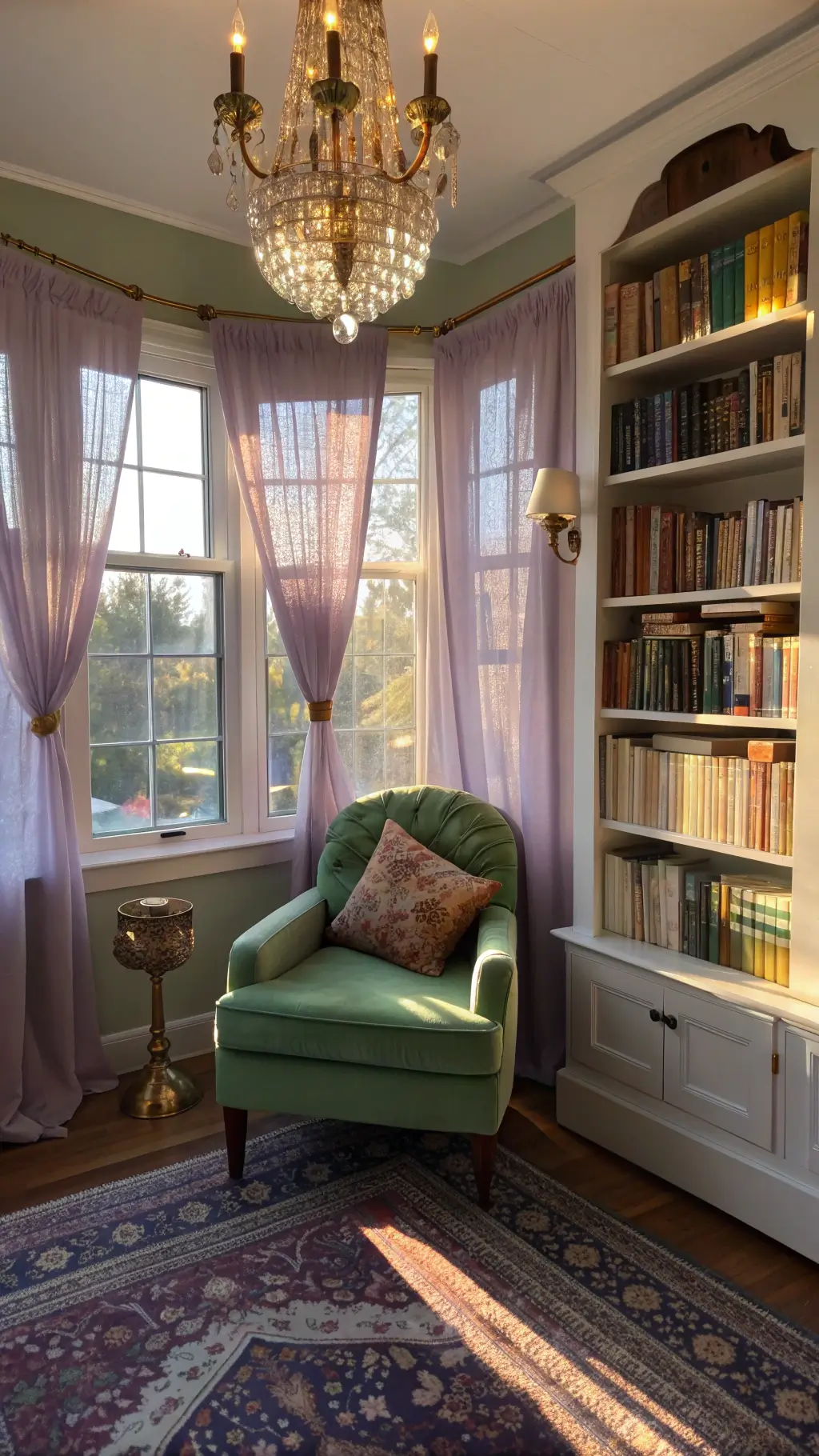 Sunlit reading nook with emerald velvet armchair, vintage books, whimsical brass chandelier, and Persian rug in muted teals and golds, shot at f/2.8 for depth of field emphasis.