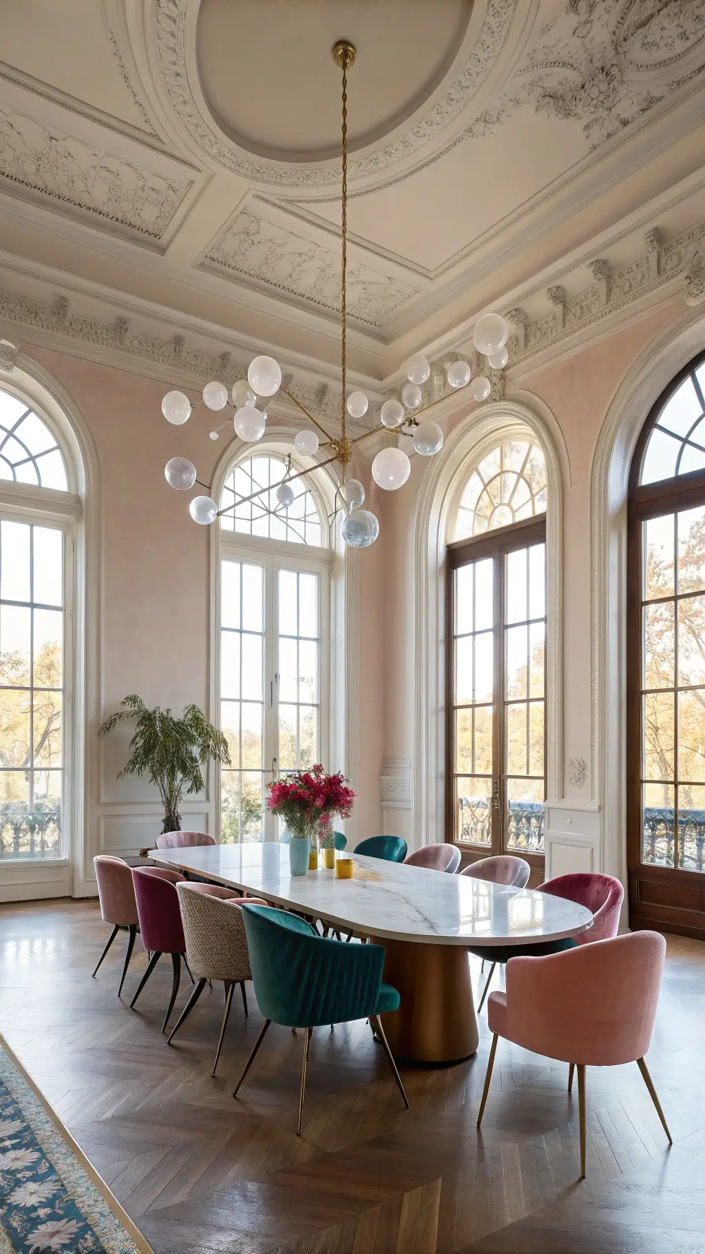 Enchanted dining room with spacious dimensions, arched windows covered in ombré silk, a floating sculptural table, mismatched vintage chairs in jewel tones, and hand-blown glass bubble lamps.
