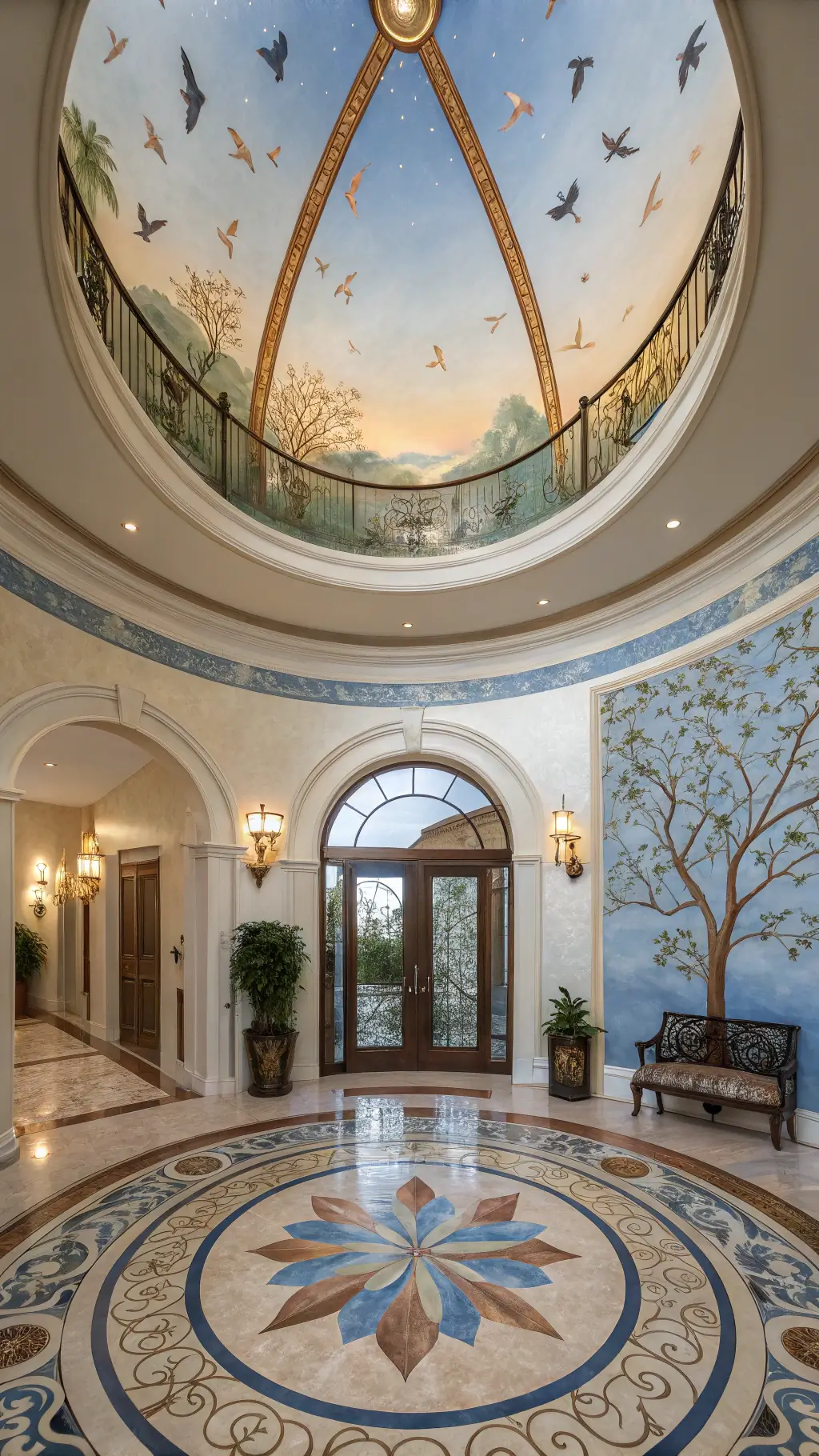 Circular foyer with dome ceiling, hand-painted sky mural, gold-framed mirror, custom coat hooks, and Moroccan tile floor.