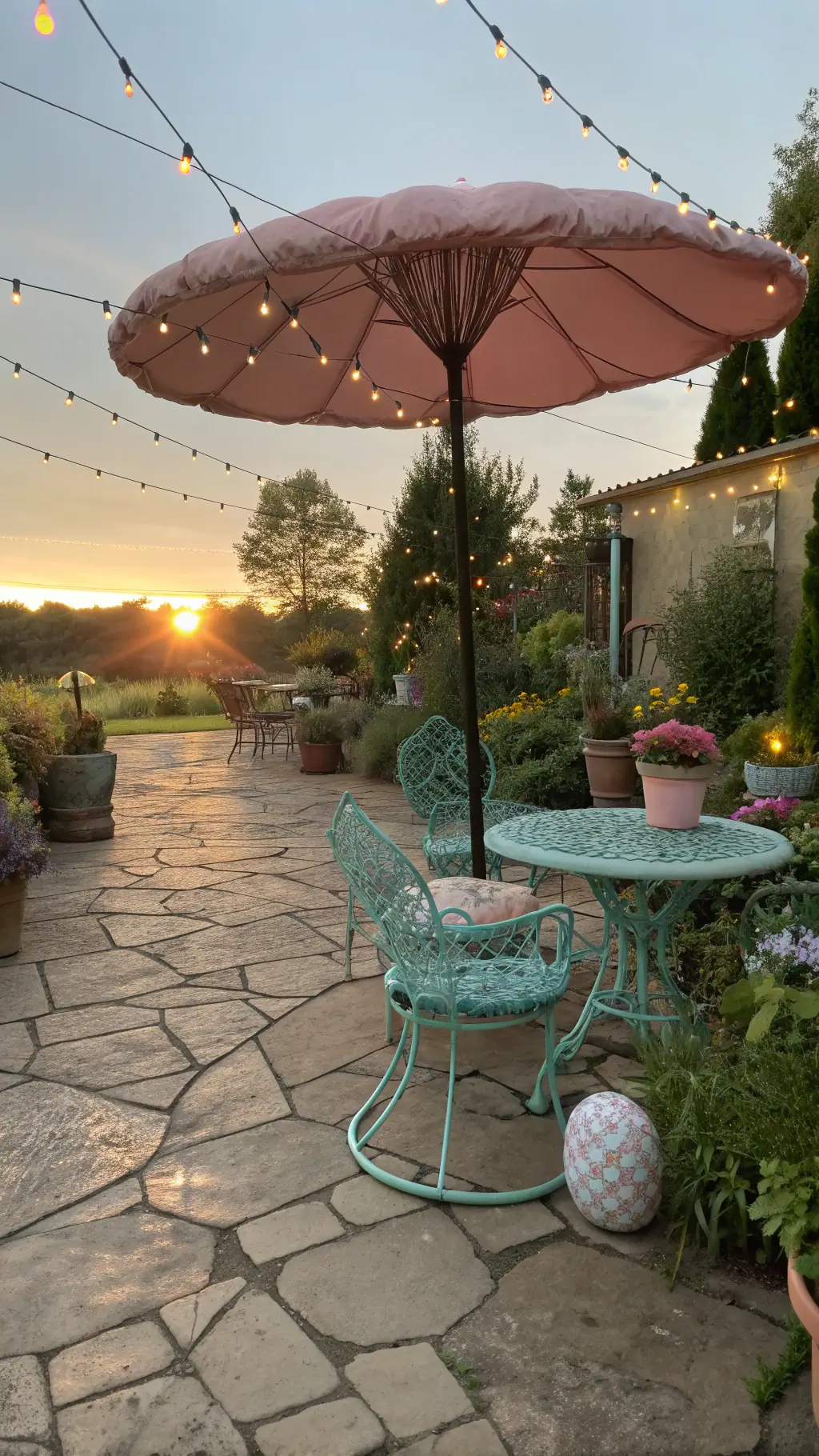 Golden hour on a stone patio with pink mushroom-shaped umbrella, vintage mint green furniture with cushions, fairy lights in plants, gazing balls reflecting sunset, oversized teacup planters, and copper wind chimes.